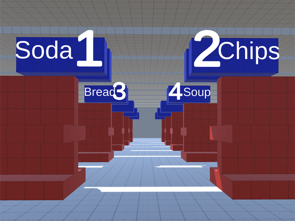 A 3D mockup of a grocery store. It's aisles are a bright red, the aisle end-signs are a bright blue, and the typography on the signage is big and rather ugly—but easily legible.