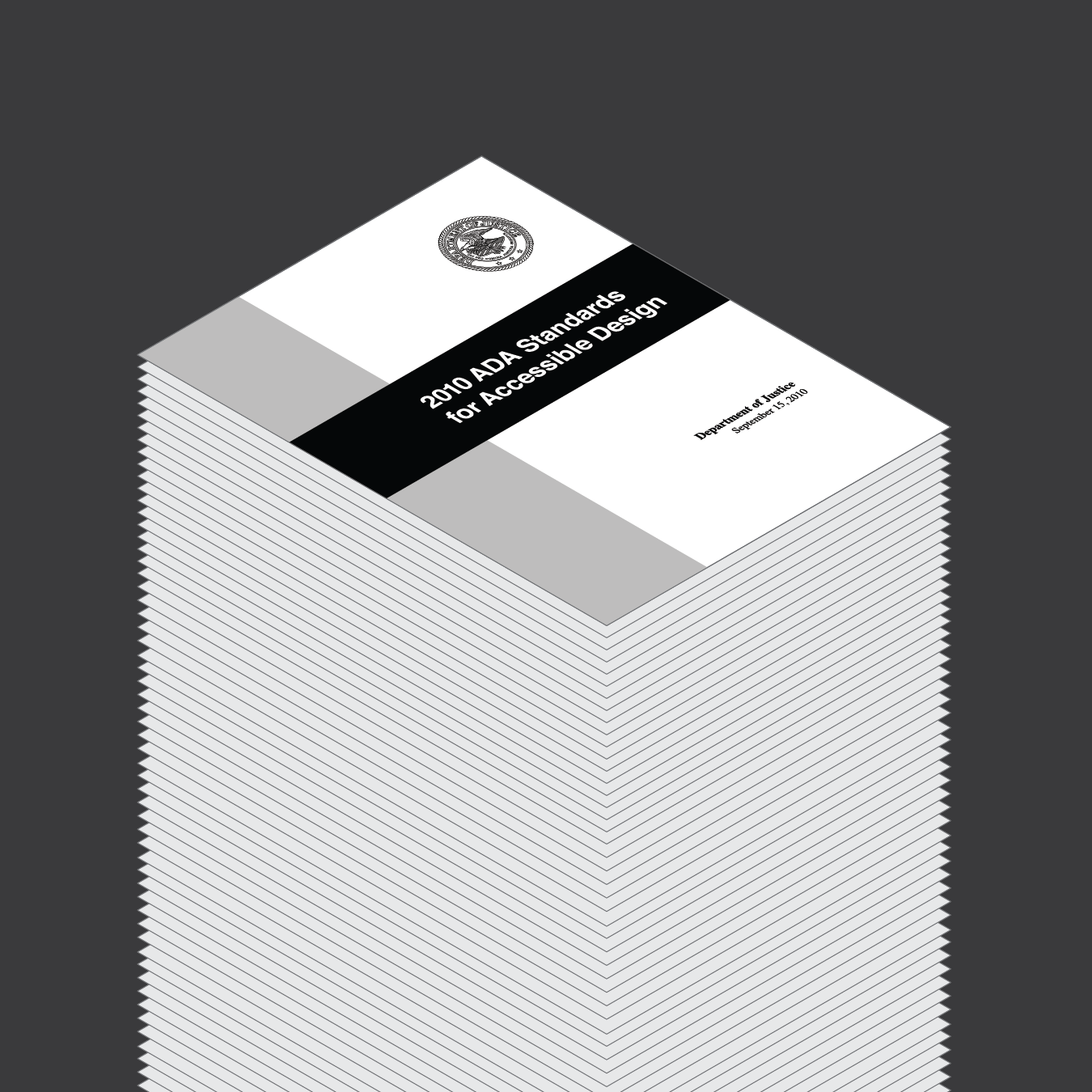 An illustration of a towering stack of papers. At top, we see the front cover for the 2010 ADA Standards for Accessible Design.