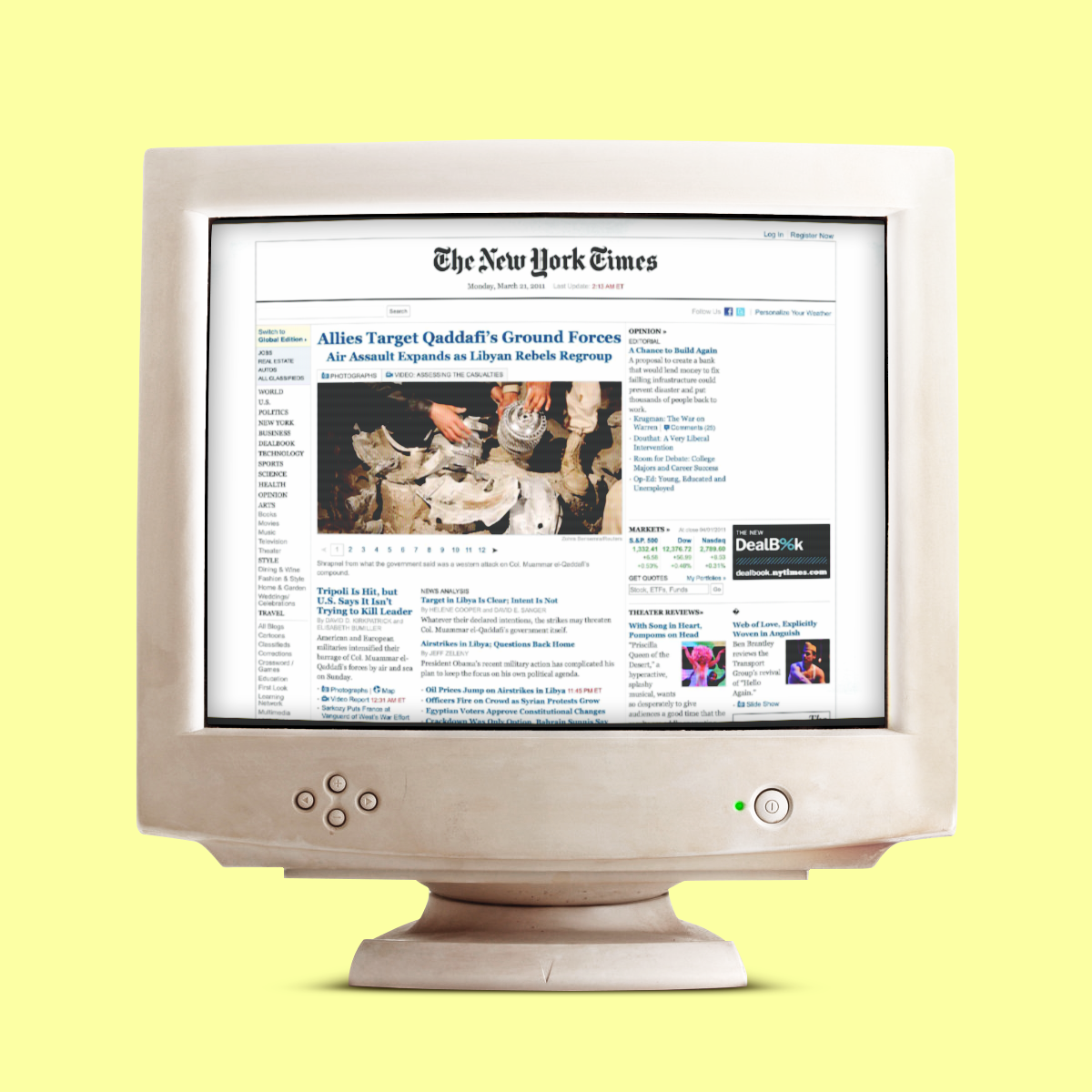The New York Times website as it appeared on March 21st, 2011, displayed on a dusty old computer monitor from the late 90's for humorous effect.