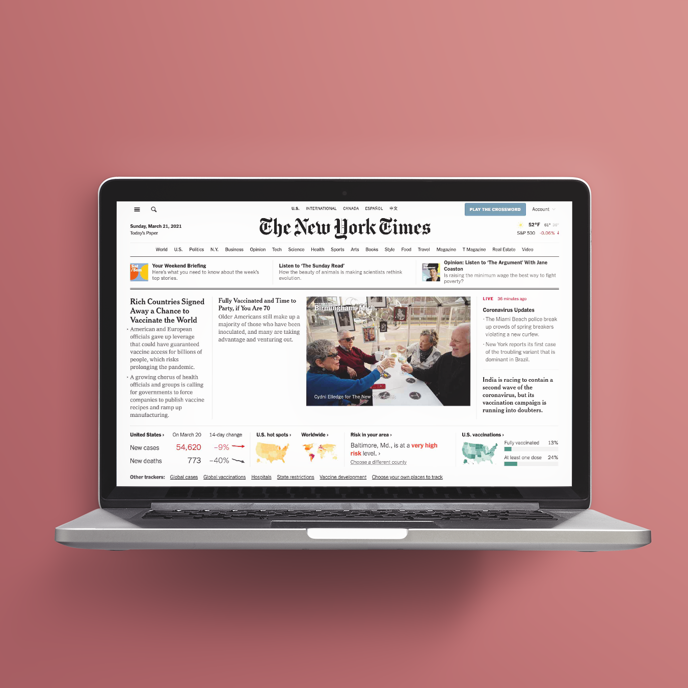 The New York Times website as it appeared on March 21st, 2021, displayed on a modern MacBook.