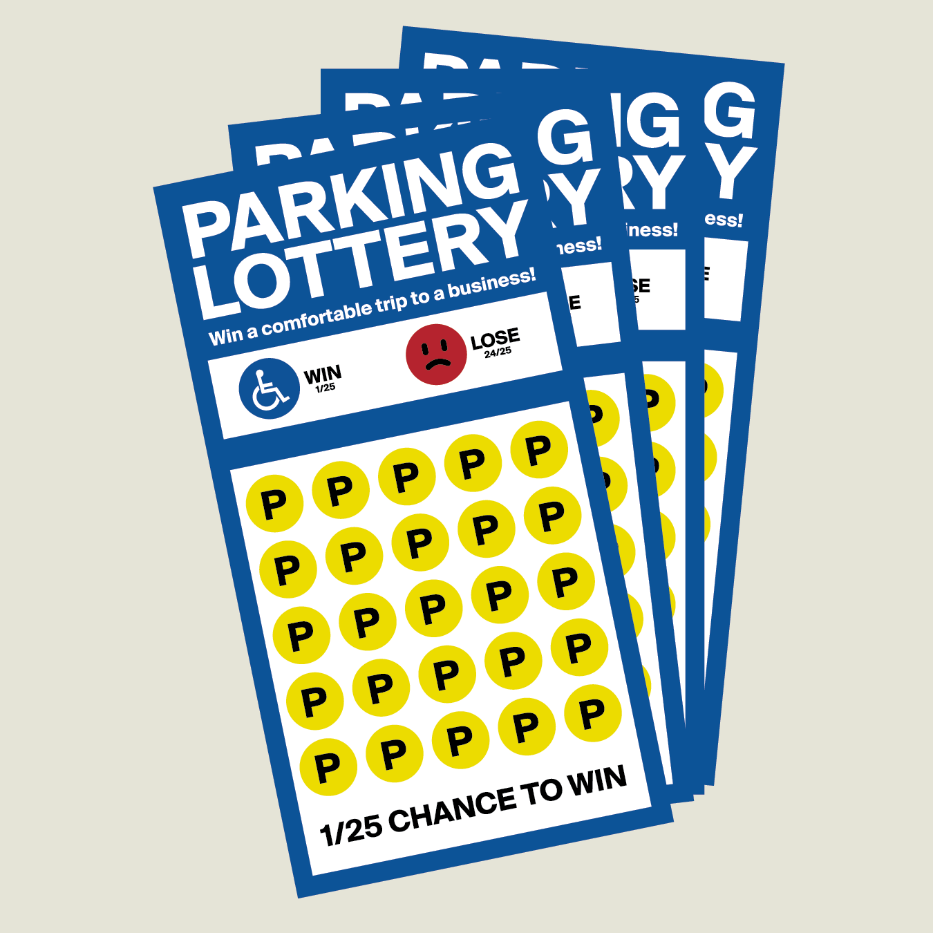 A diagram using a lottery ticket to satirically represent a single accessible parking space among 25 spaces—the legally required minimum. The ticket claims a “1/25 chance to win” the grand prize: a “comfortable trip to a business.”