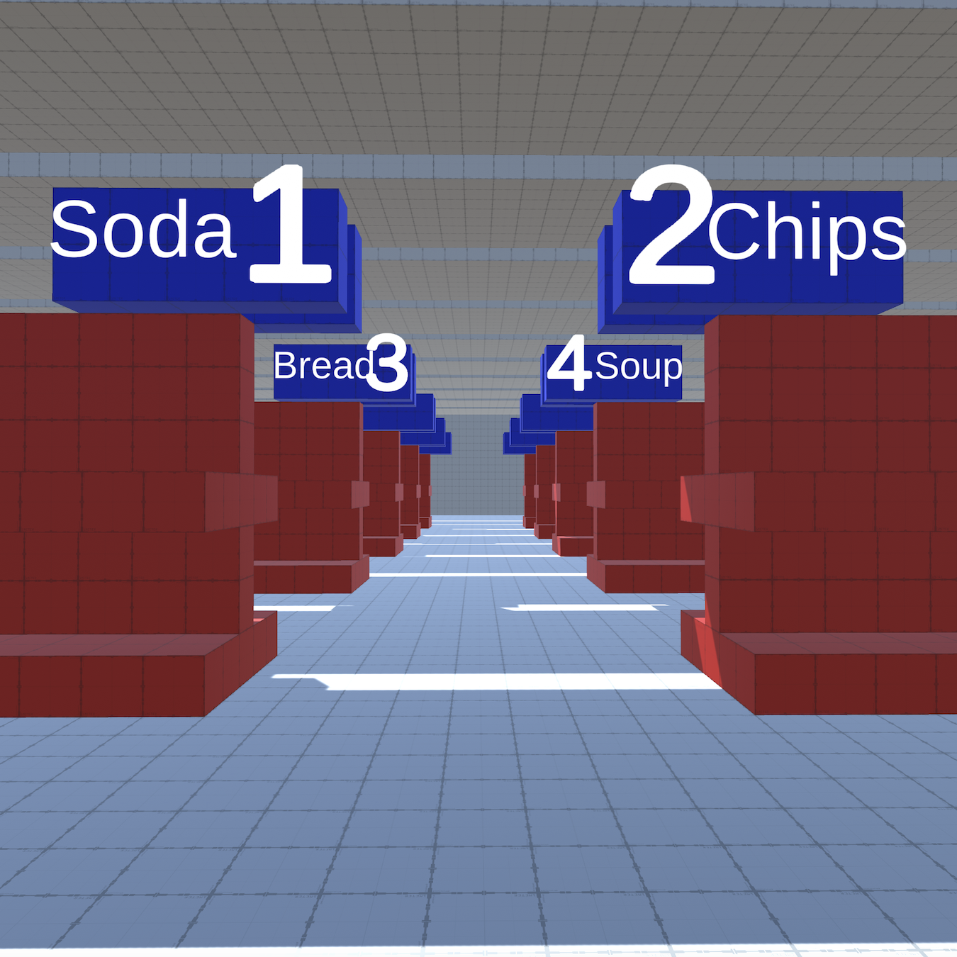 The same 3D mockup of a grocery store made in the Unity engine, but without the “Blindness Simulator” post-processing layer we are able to see it clearly. It's aisles are a bright red, the aisle end-signs are a bright blue, and the typography on the signage is big and rather ugly—but easily legible.