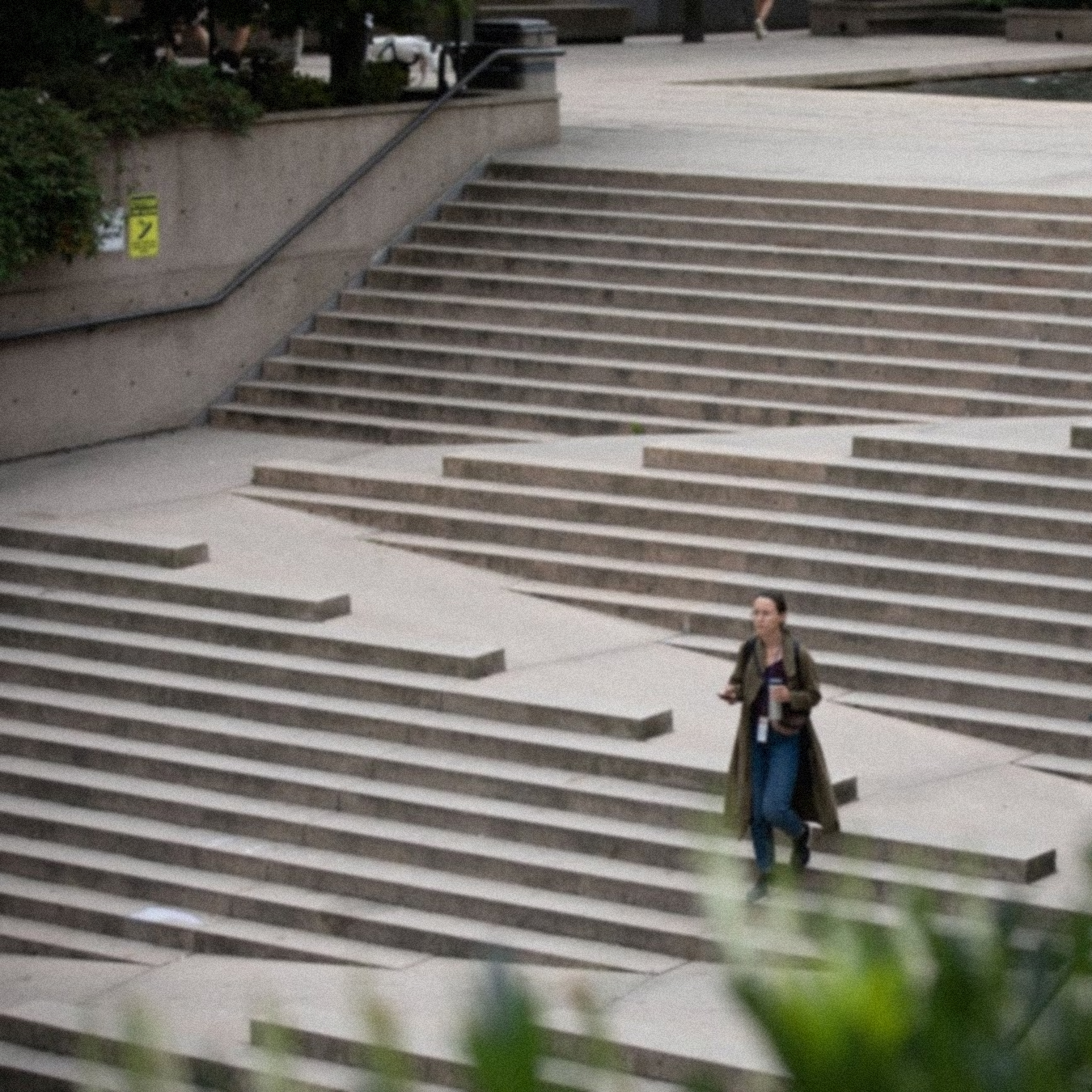 An image of the infamous Robson Square stair / ramp combination. They are a wide set of stairs, with a ramp built into the stairs that goes from left to right at an angle. There are no rails for the ramp, and the steps are staggered to accommodate the ramp’s placement.